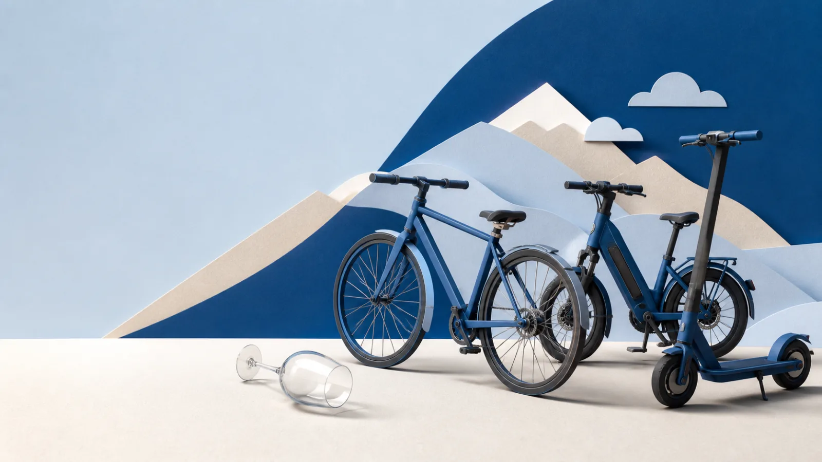 Blaues Velo, E-Bike und E-Trottinett neben einem umgekippten Weinglas in einer abstrakten Landschaft.