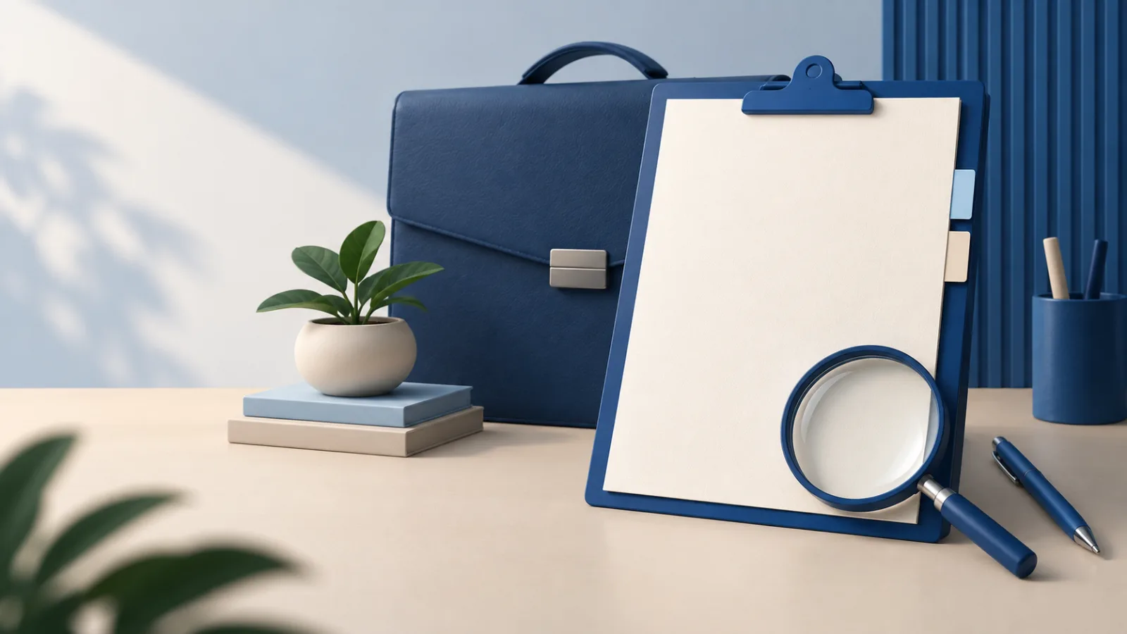 Illustration d’une feuille de certificat vierge sur un porte-documents bleu, avec une loupe, un stylo et une serviette à l’arrière-plan.