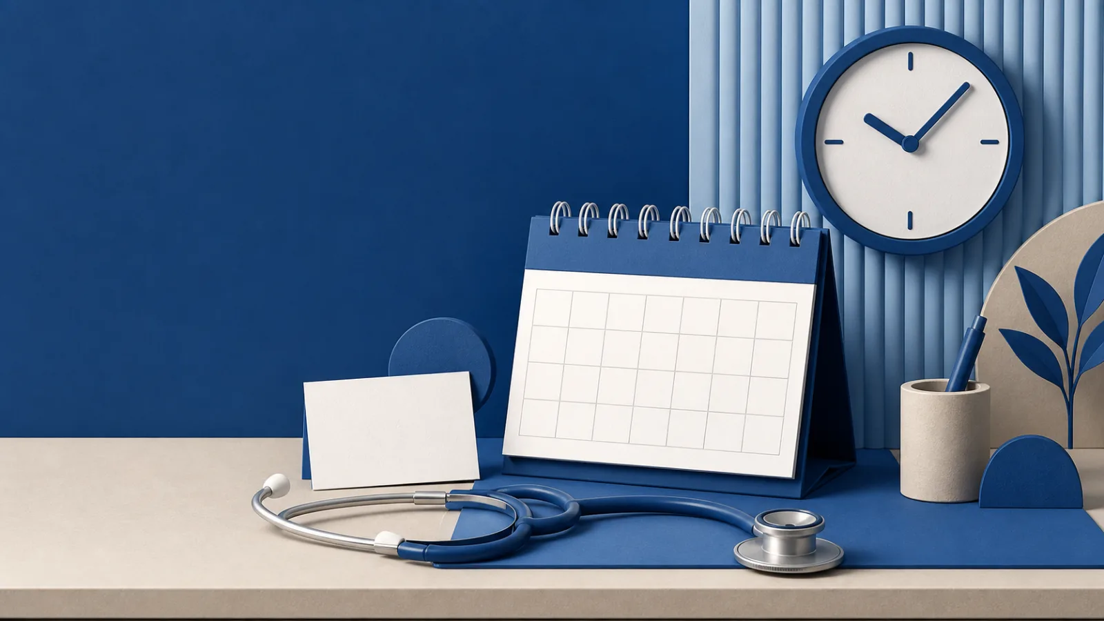 Stethoskop, leere Terminkarte, Kalender und Uhr auf einem aufgeräumten Arbeitsplatz.