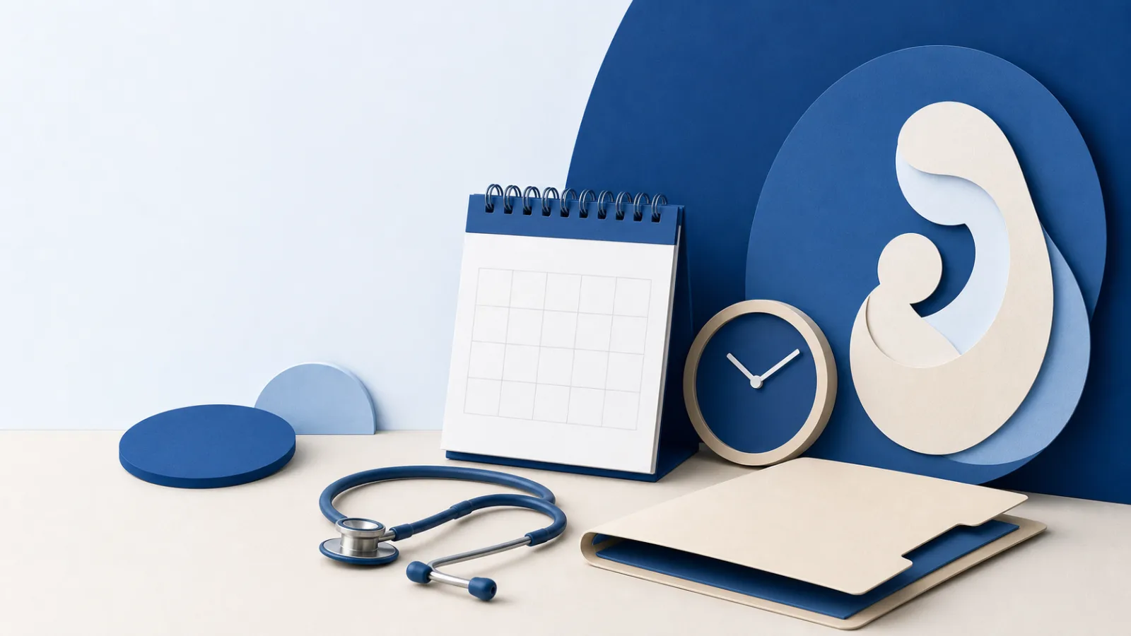 Kalender, Uhr und Stethoskop neben einer abstrakten Darstellung von Elternteil und Baby.