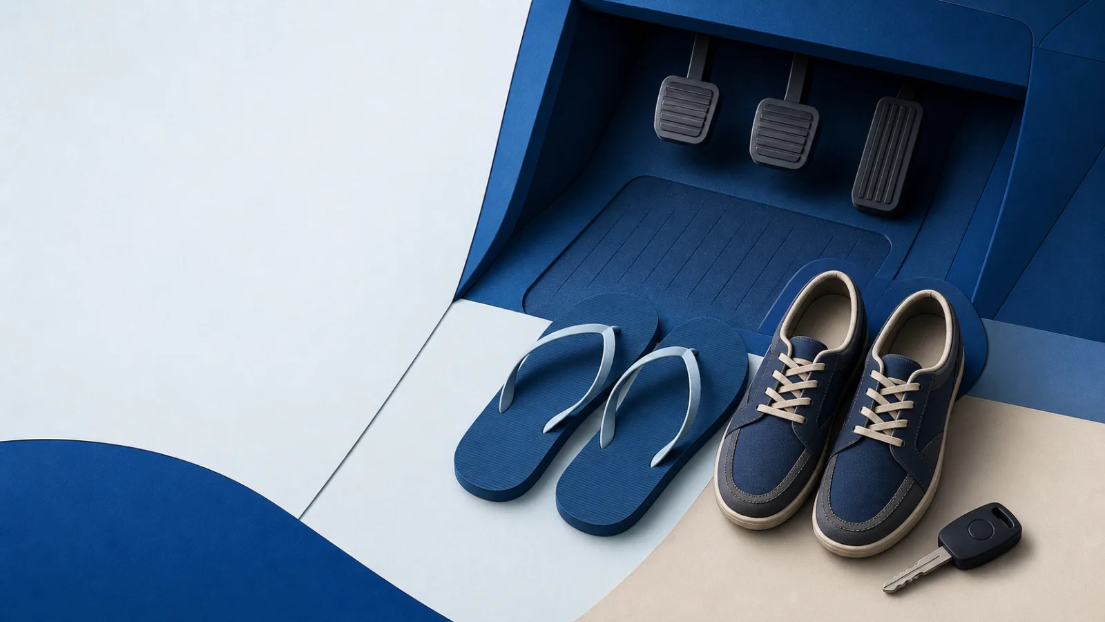 Flip-Flops und geschlossene Schuhe vor den Pedalen eines Autos, daneben ein Autoschlüssel.