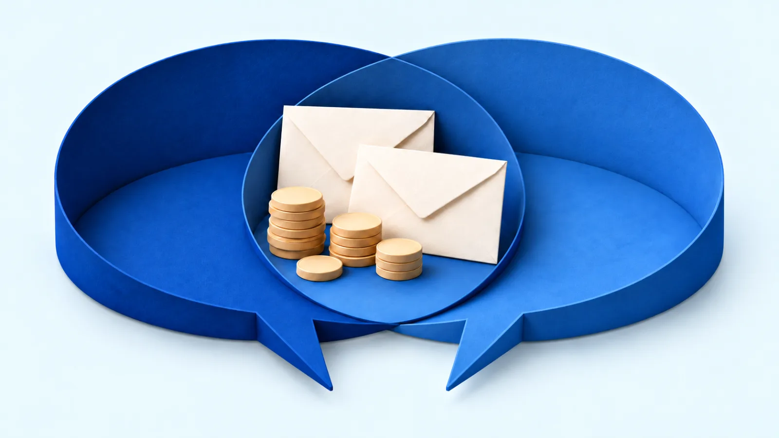 Deux bulles de dialogue en papier bleu se chevauchent, avec deux enveloppes claires sans inscription et trois piles de pièces couleur sable.