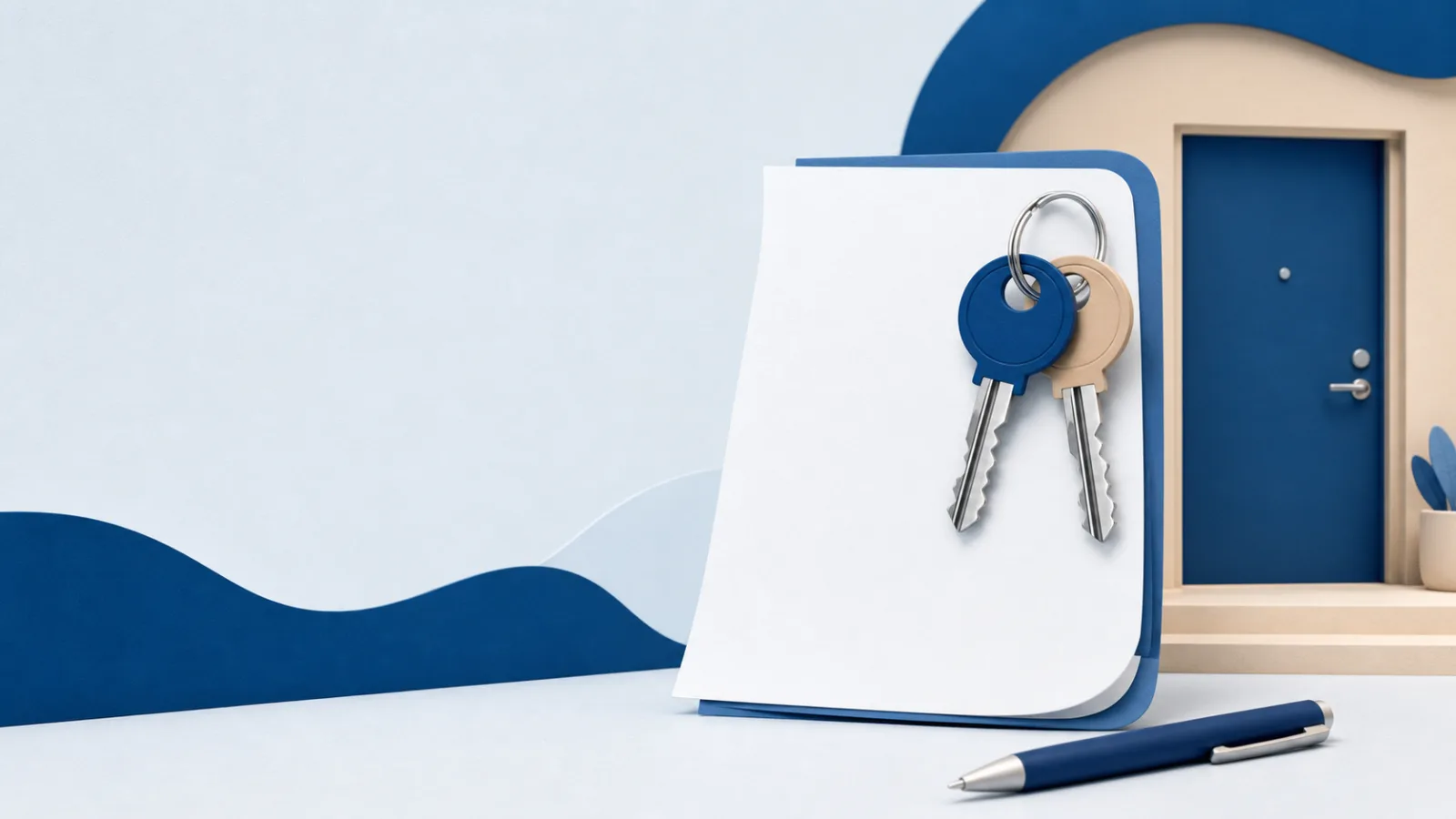 Deux clés d’appartement attachées ensemble à un bail vierge, avec stylo et porte d’entrée.