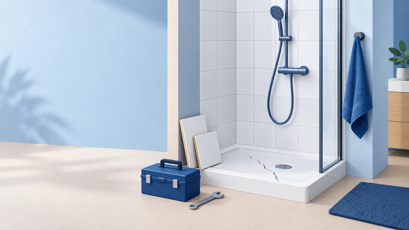 Illustration einer Dusche mit gerissener Duschwanne, angelehnten Plättli und blauem Werkzeugkasten.