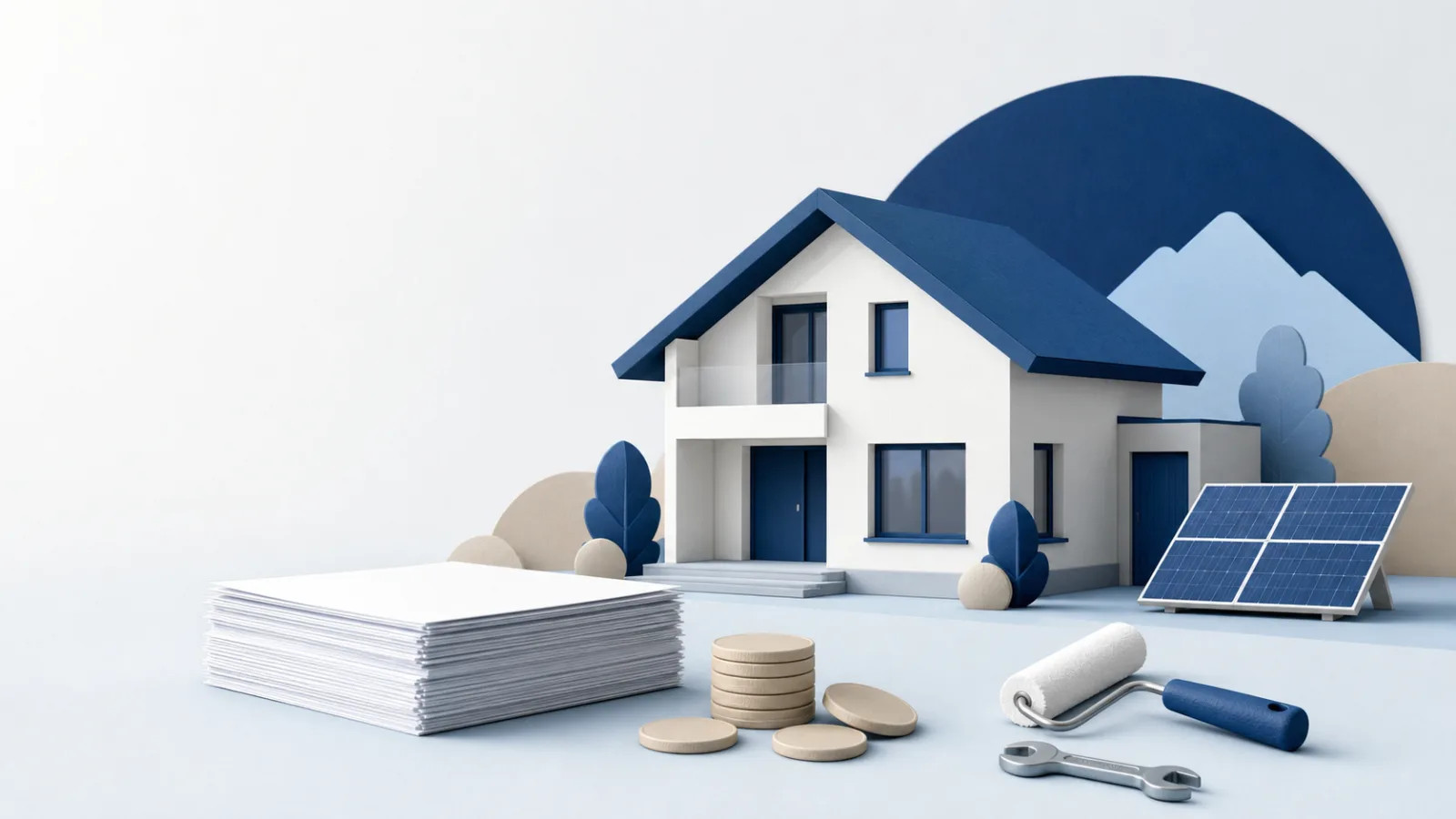 Maison suisse bleue à côté de documents vierges, de pièces, de panneaux solaires et d’outils pour l’entretien du bien immobilier.