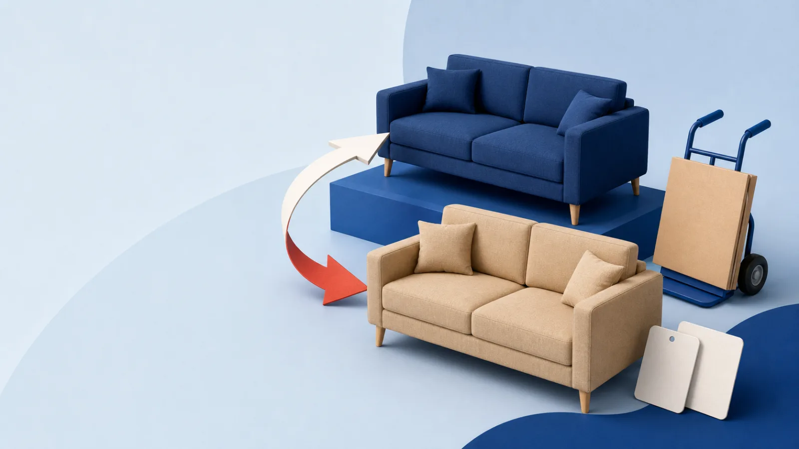 Zwei gleiche Sofas in Blau und Sand mit Wechselband, Transportkarre und leeren Farbkarten.