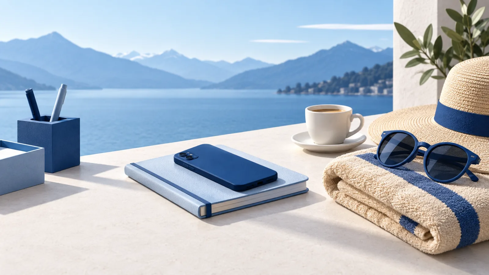Blaues Smartphone auf einem geschlossenen Notizbuch neben Badetuch, Sonnenbrille und Kaffeetasse als Symbol für die Trennung von Arbeit und Ferien.