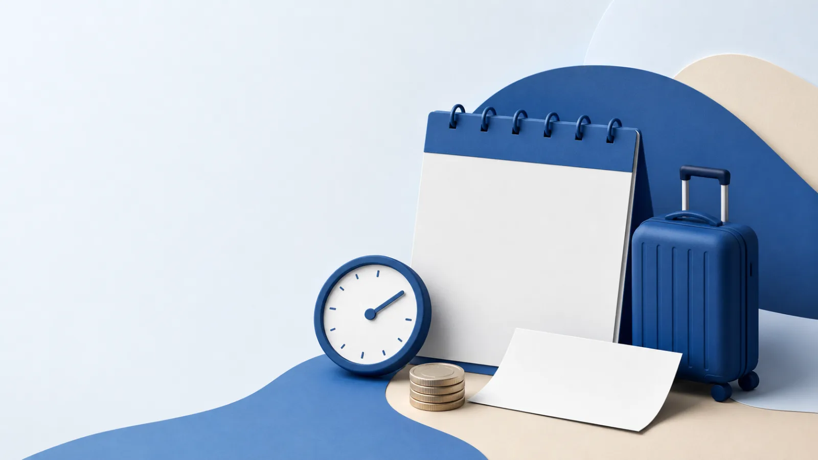 Calendrier et fiche de paie vierges près d’une horloge, de pièces et d’une valise.