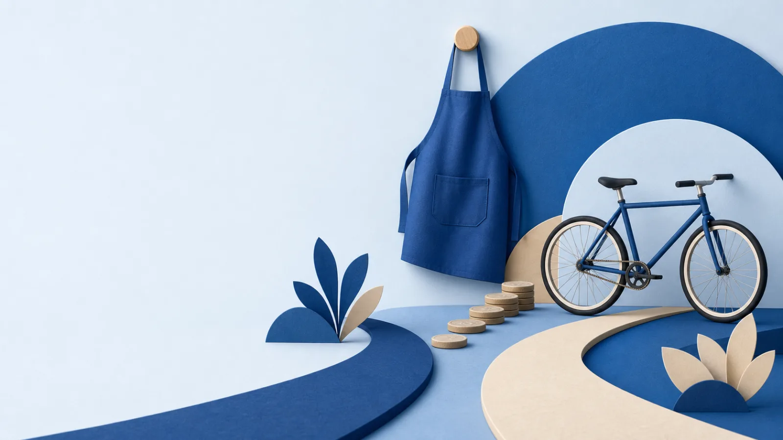 Tablier de travail bleu, chemin de pièces et vélo à la bifurcation de deux voies.