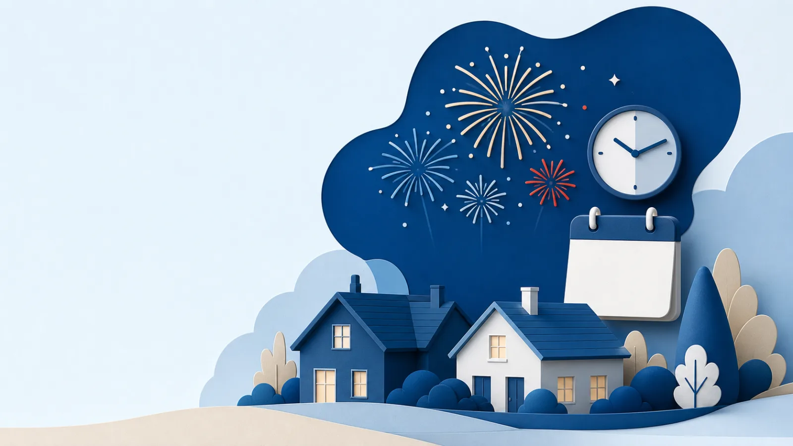 Feuerwerk über zwei benachbarten Häusern, daneben ein leerer Kalender und eine Uhr.