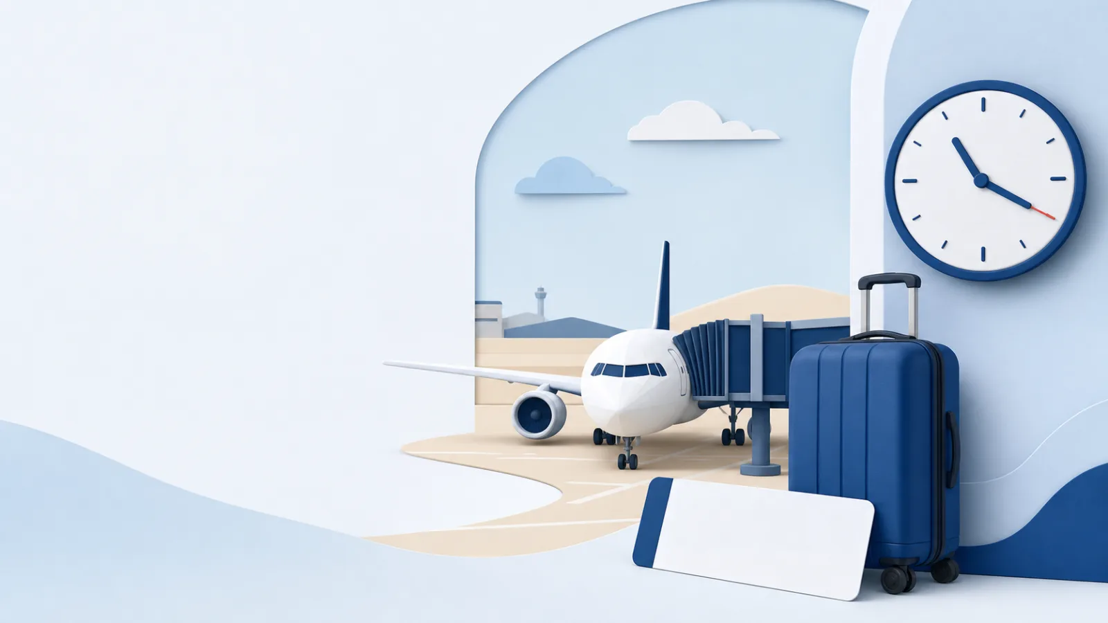 Passagierflugzeug am Flughafengate neben Uhr, Reisekoffer und leerer Bordkarte.