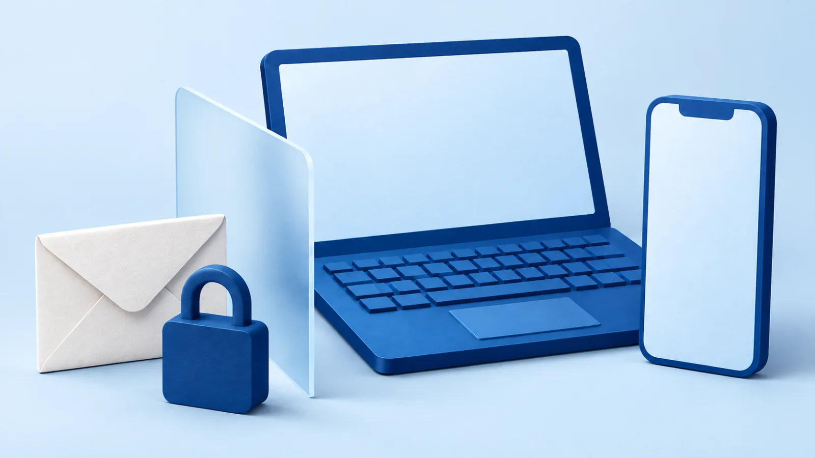 Illustration eines blauen Laptops und Smartphones mit einem geschlossenen Umschlag, einem Vorhängeschloss und einer hellblauen Trennwand als Symbol für Privatsphäre auf Geschäftsgeräten.