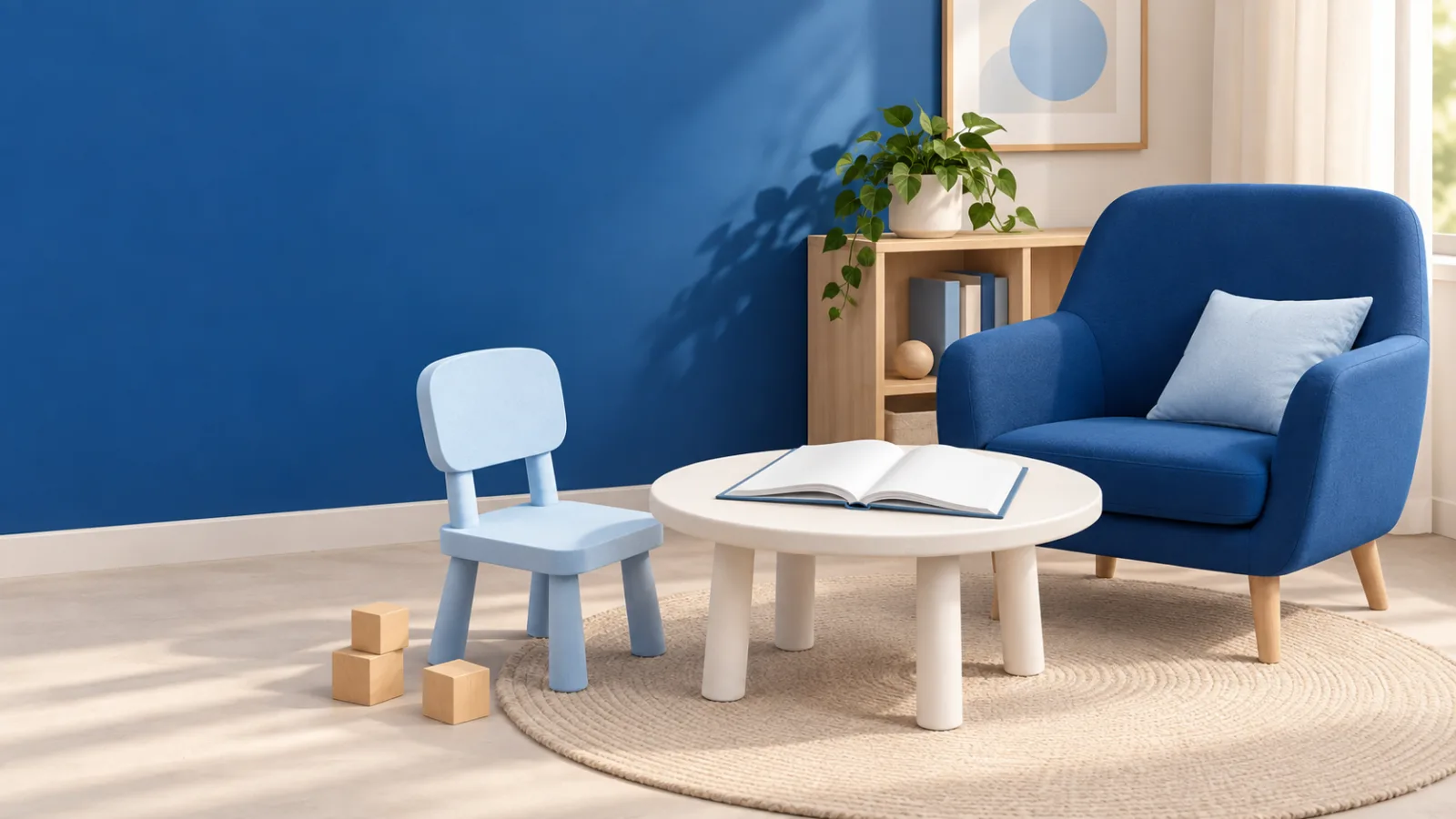 Illustration d’une petite chaise d’enfant bleu clair et d’un fauteuil bleu autour d’une table avec un livre ouvert.