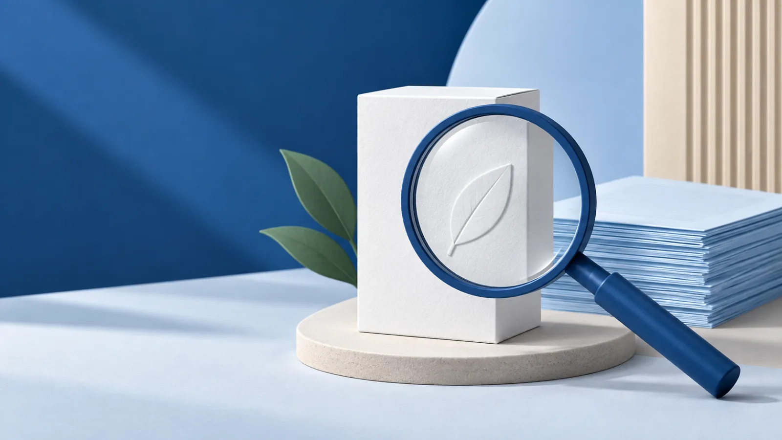 Illustration einer blauen Lupe vor einer Produktverpackung mit Blattmotiv und einem Stapel Unterlagen.