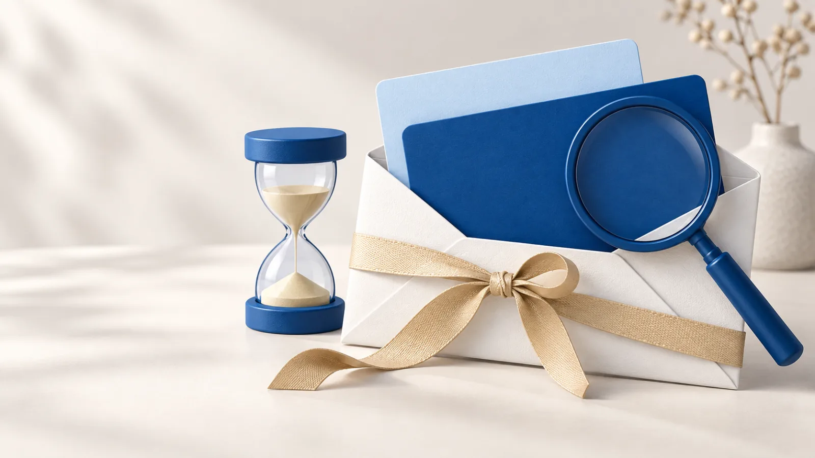 Illustration blauer Gutscheinkarten in einem weissen Umschlag mit Schleife, daneben eine Sanduhr und eine Lupe.