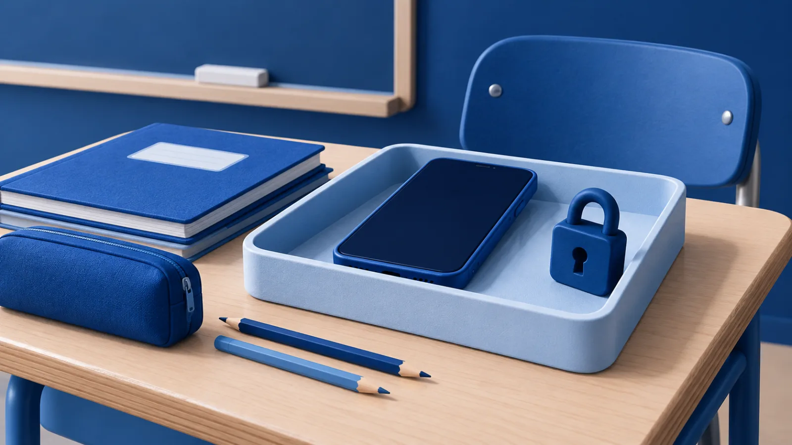 Blaues Smartphone in einer hellblauen Ablageschale mit einem Schloss, daneben Schulhefte, Etui und Stifte auf einem Pult vor einer blauen Wandtafel.