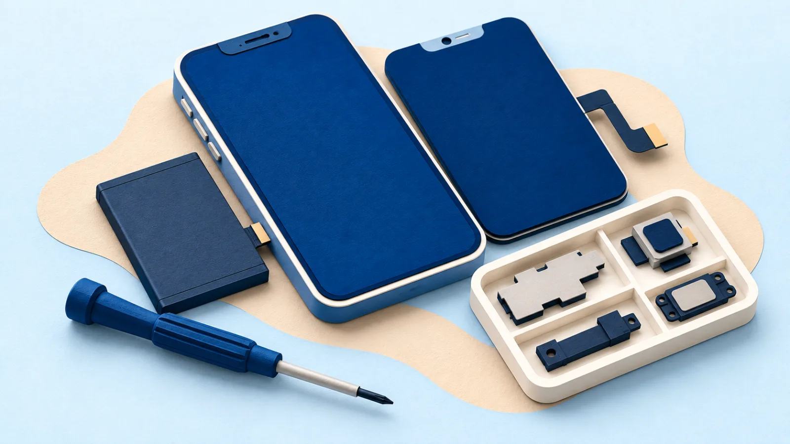 Blaues Smartphone mit leerem Bildschirm, Ersatzakku, separatem Display, Präzisionsschraubenzieher und einer Schale mit kleinen Bauteilen.