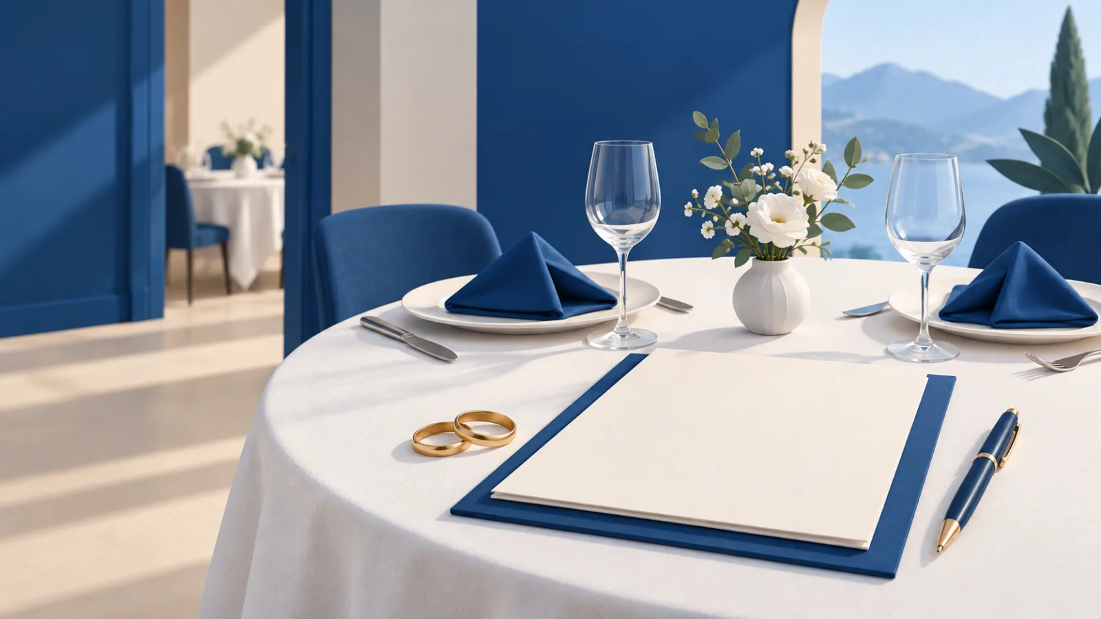 Illustration eines festlich gedeckten Hochzeitstischs mit blauen Servietten, zwei Ringen und einer leeren Buchungsunterlage.