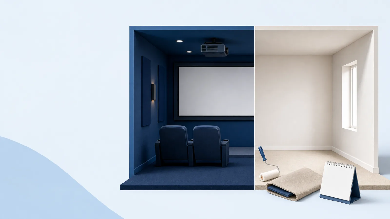 Geteilter Raum mit dunklem Home-Cinema und hellem Originalzustand, dazu Farbroller, Teppich und leerer Kalender.