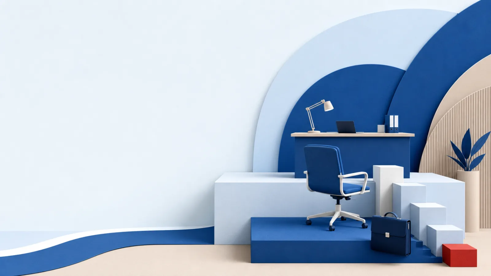 Leerer Bürostuhl auf einer tieferen Plattform neben absteigenden Stufen, Schreibtisch und Aktentasche.