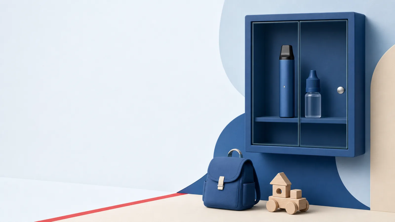 Cigarette électronique et flacon de recharge dans une armoire murale fermée, avec sac d’école et jouet en bois derrière une limite rouge.