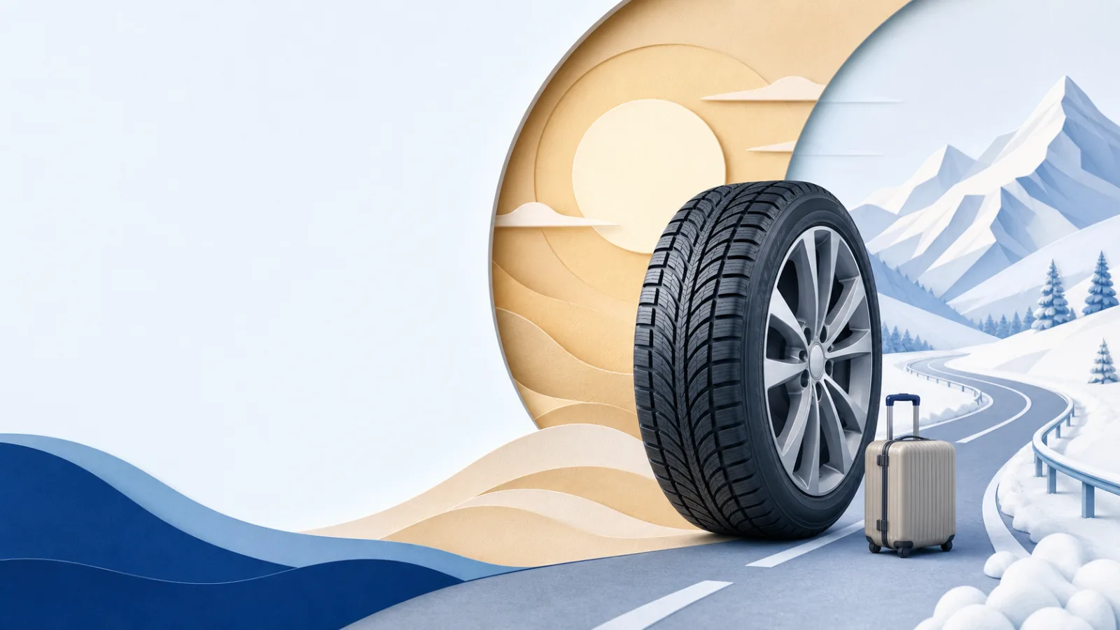 Autoreifen mit Reisekoffer zwischen einer warmen Sommerlandschaft und einer verschneiten Bergstrasse.