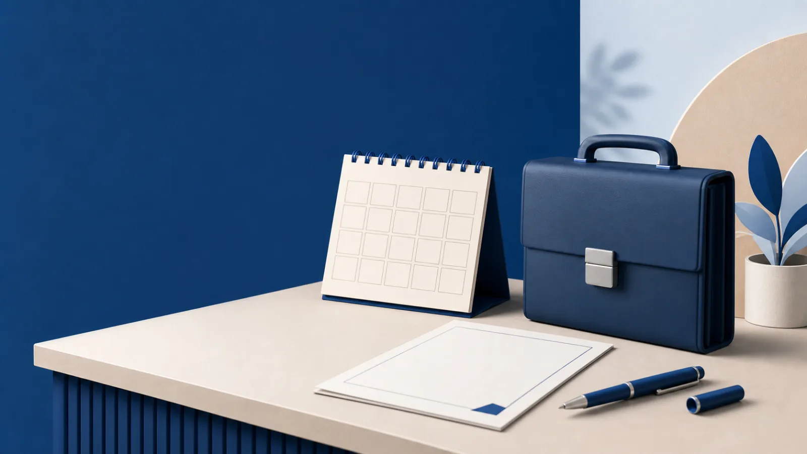 Aktentasche, leerer Kalender und unbeschriebenes Dokument mit Stift auf einem Schreibtisch.