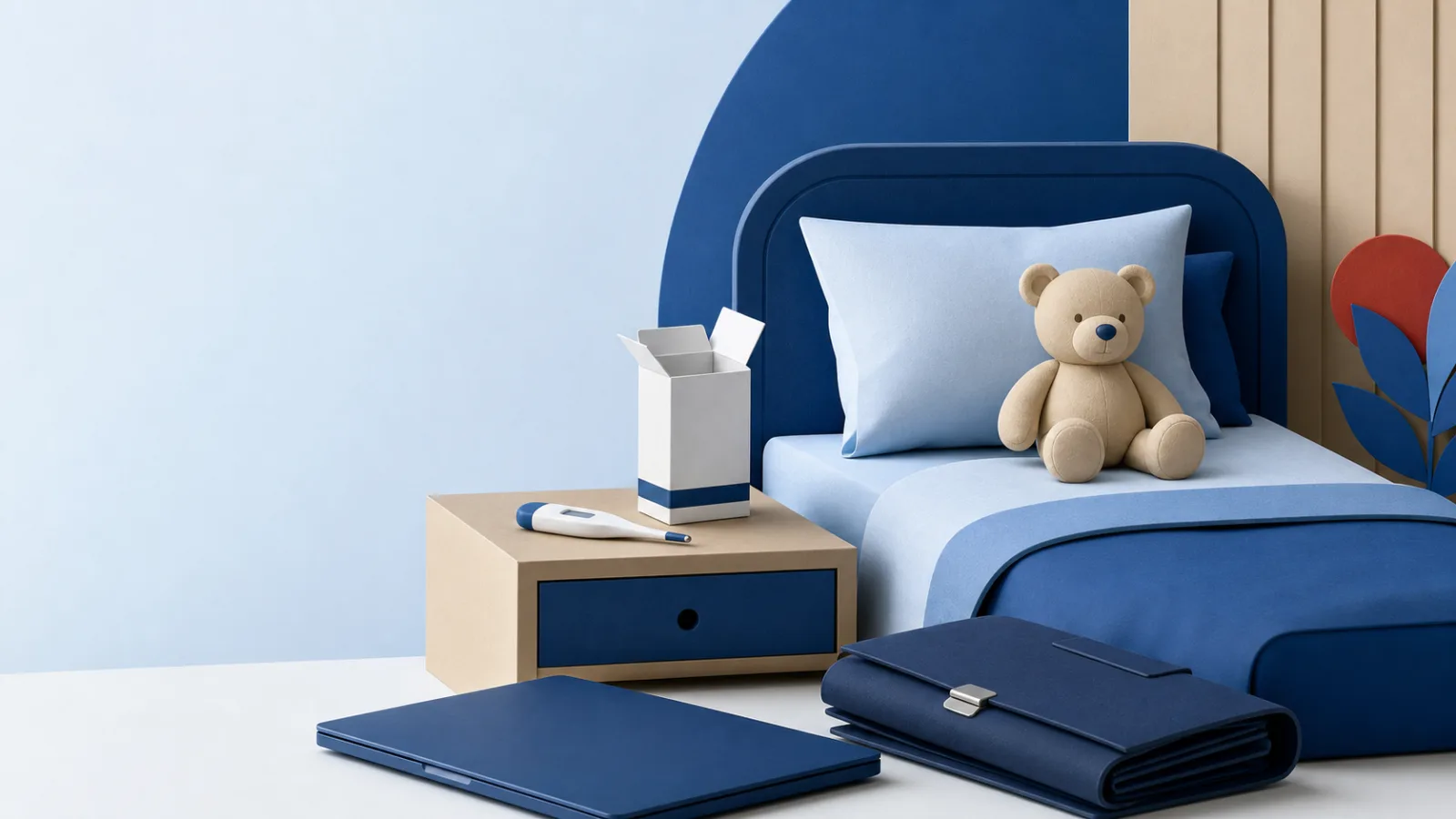 Lit d’enfant avec ours en peluche, thermomètre et boîte de médicaments près d’un ordinateur fermé et d’une serviette.