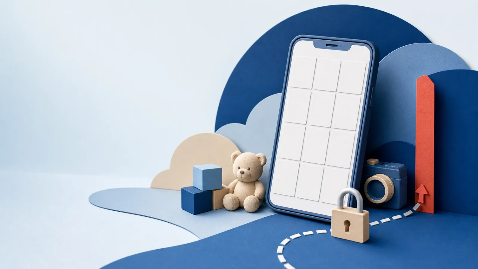 Smartphone mit leeren Fotokacheln neben Teddy, Bauklötzen, Kamera, Schloss und roter Privatsphäre-Grenze.