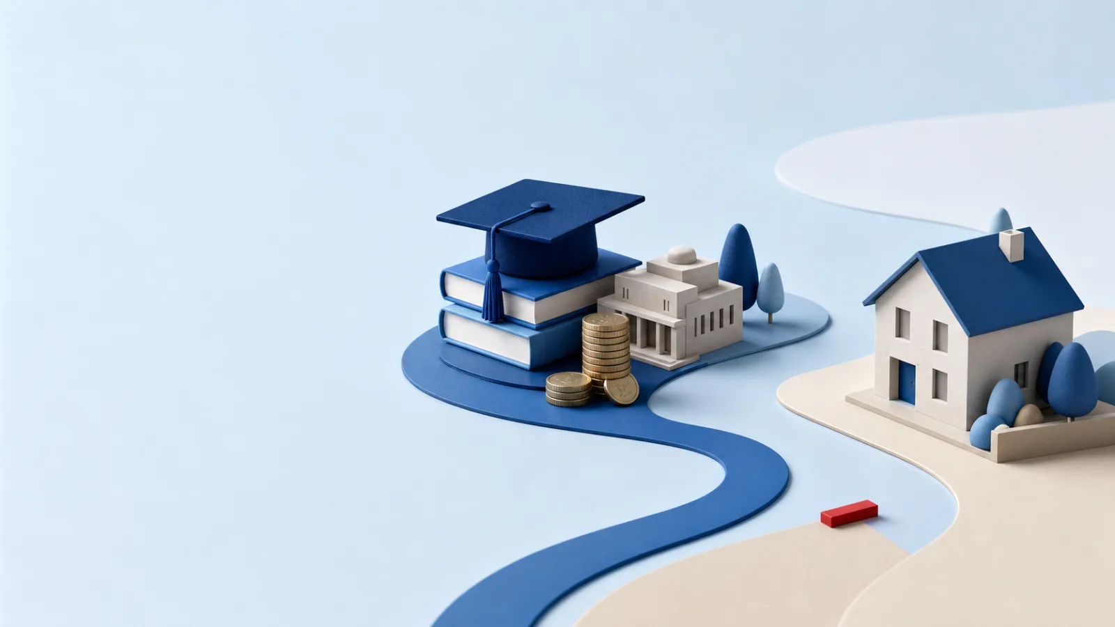Toque de diplômé, livres, maquette d’architecture et pièces le long d’un chemin interrompu vers la maison familiale.