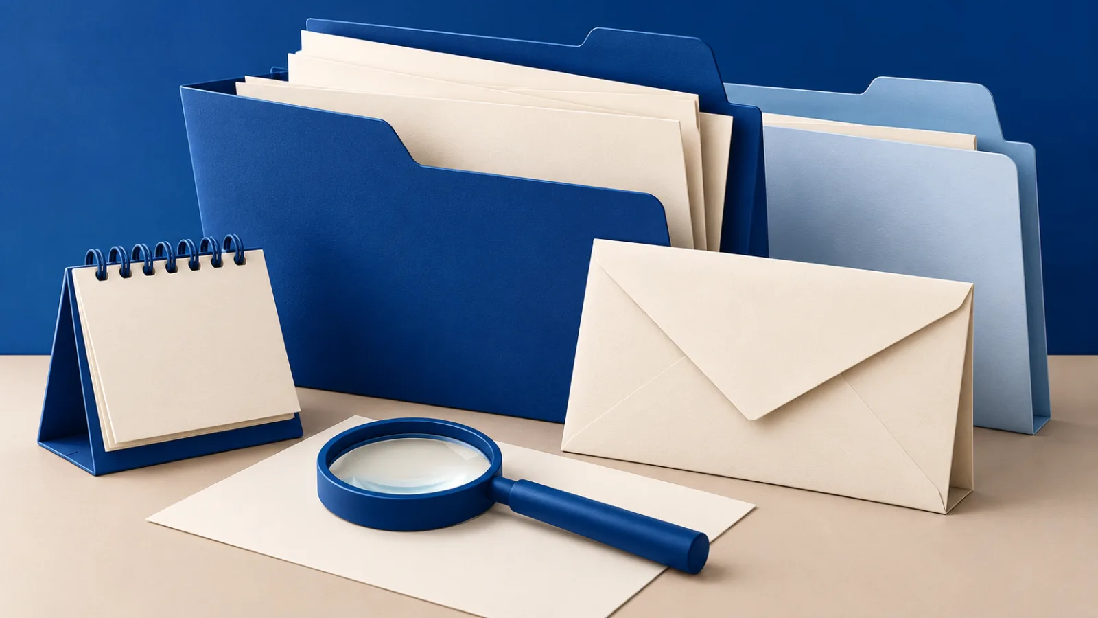Dunkelblaue und hellblaue Dokumentenmappen mit leeren Blättern, daneben ein cremefarbener Umschlag, ein unbeschrifteter Tischkalender und eine blaue Lupe.