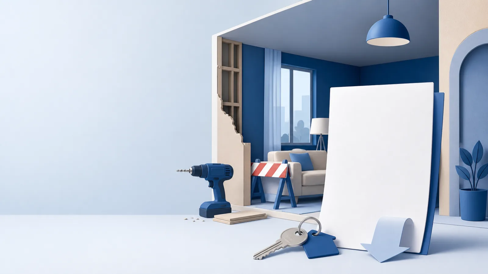 Appartement en travaux avec perceuse et barrière, devant une clé, une facture de loyer vierge et une flèche descendante.