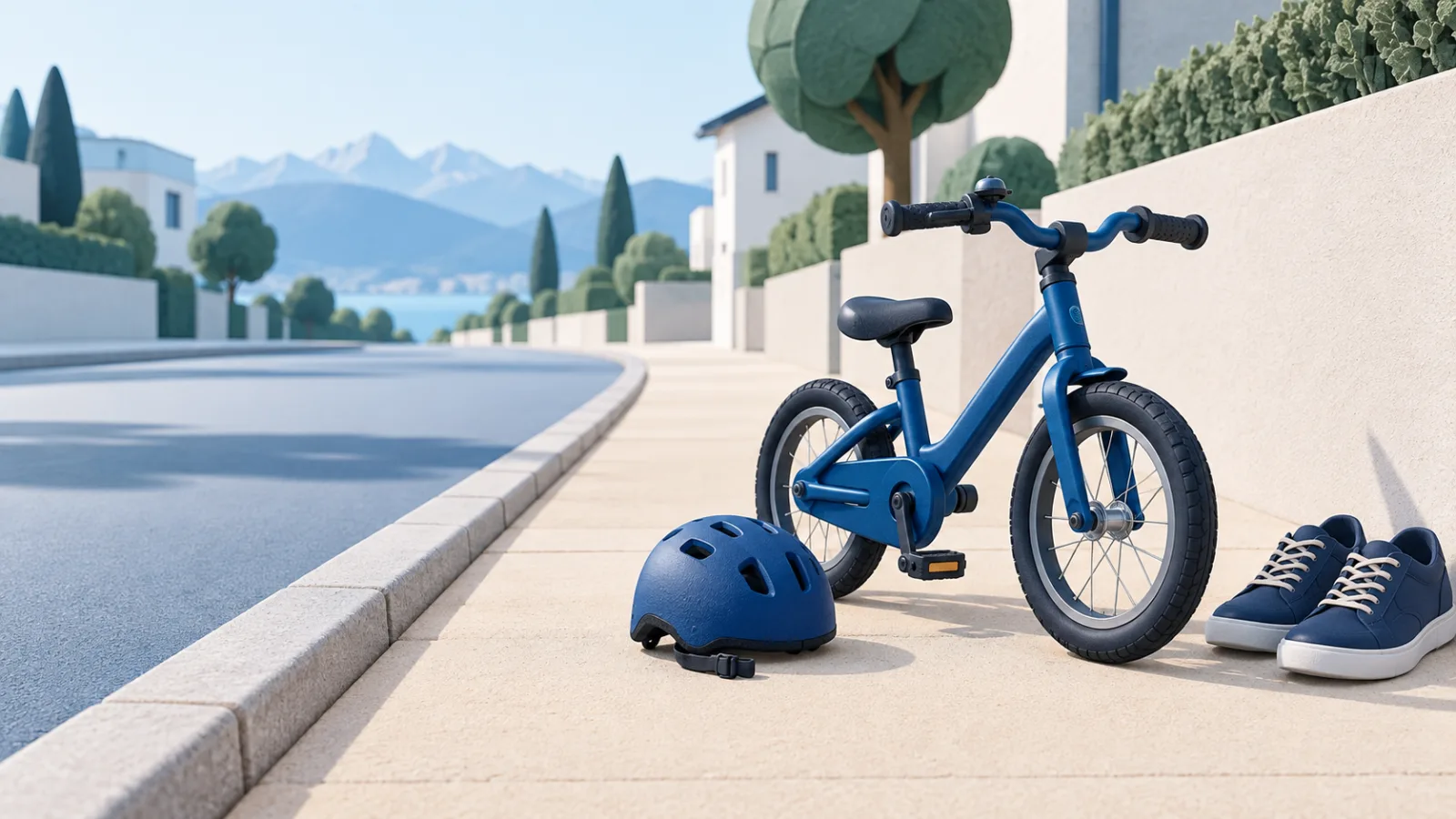 Illustration eines blauen Kindervelos mit Velohelm und Erwachsenenschuhen auf einem Trottoir neben einer ruhigen Wohnstrasse.