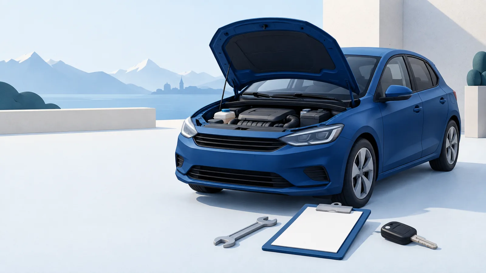 Illustration eines blauen Occasionsautos mit geöffneter Motorhaube, Klemmbrett, Schraubenschlüssel und Autoschlüssel.