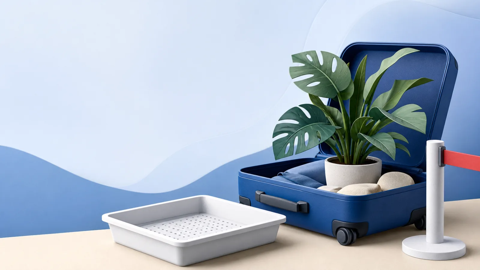 Plante tropicale en pot dans une valise ouverte, près d’un bac de contrôle et d’une barrière rouge.
