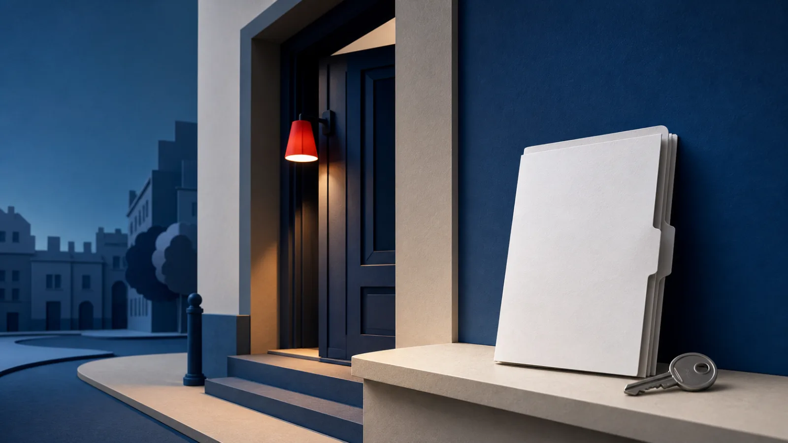 Entrée urbaine discrète le soir avec lampe rouge, clé et dossier d’information vierge.