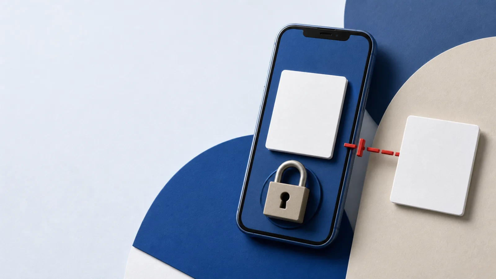 Smartphone avec carte d’image vierge et cadenas; la liaison rouge vers une seconde carte est interrompue.