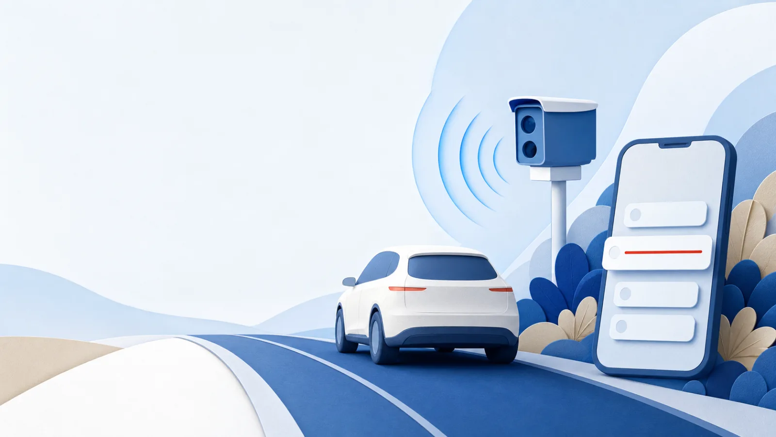 Auto vor einer Radarkamera, daneben ein Smartphone mit leerer, rot unterbrochener Benachrichtigung.