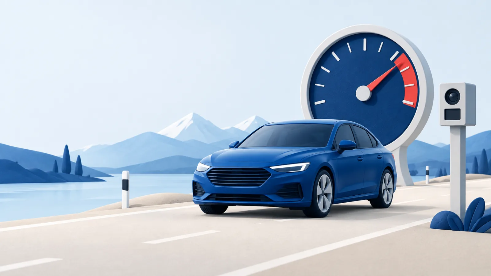 Illustration eines blauen Autos neben einem stilisierten Tachometer mit rotem Bereich und einer Radaranlage.