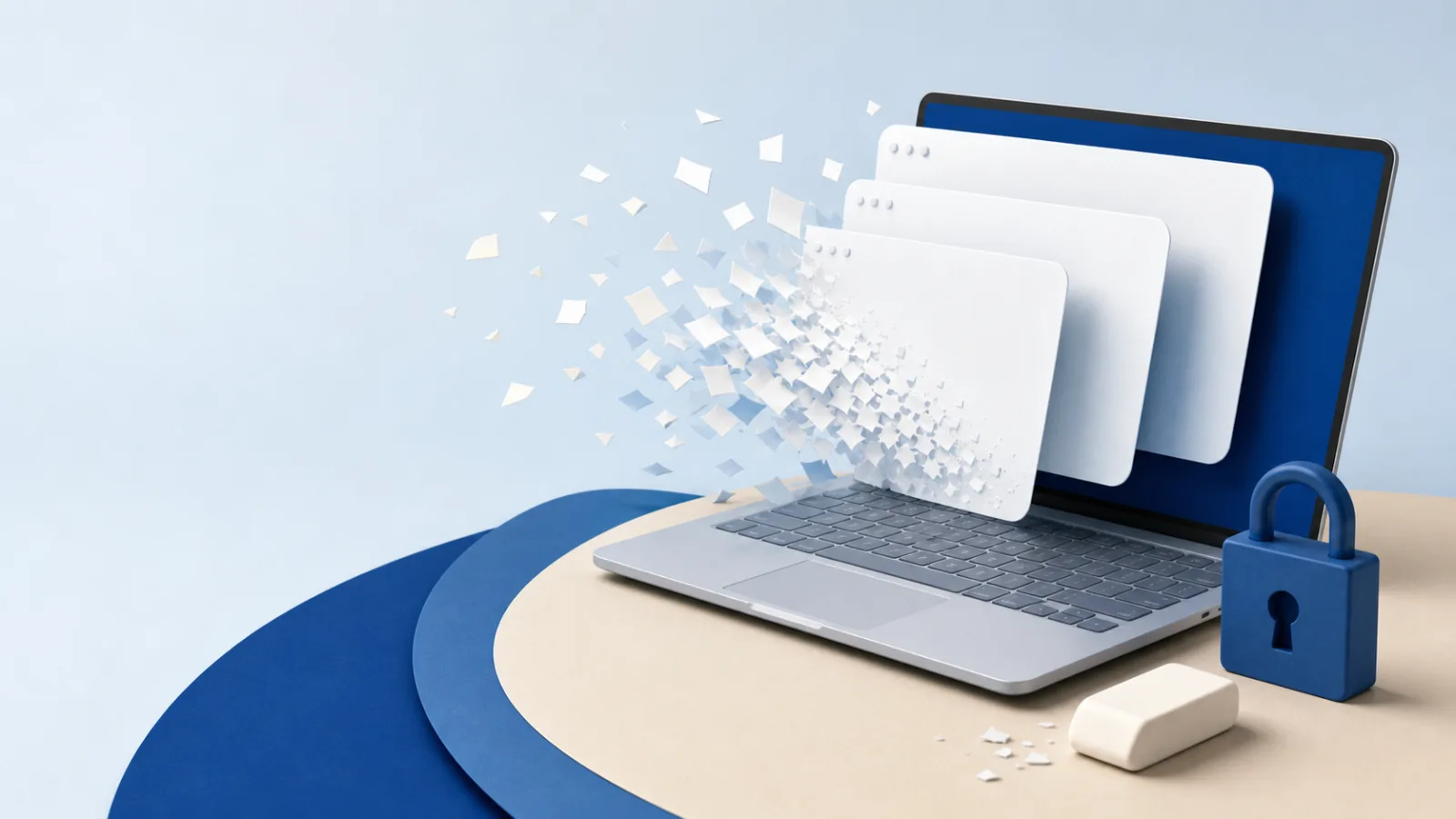 Laptop mit leeren Browserkarten, die sich in Papierfragmente auflösen, daneben Radiergummi und Vorhängeschloss.