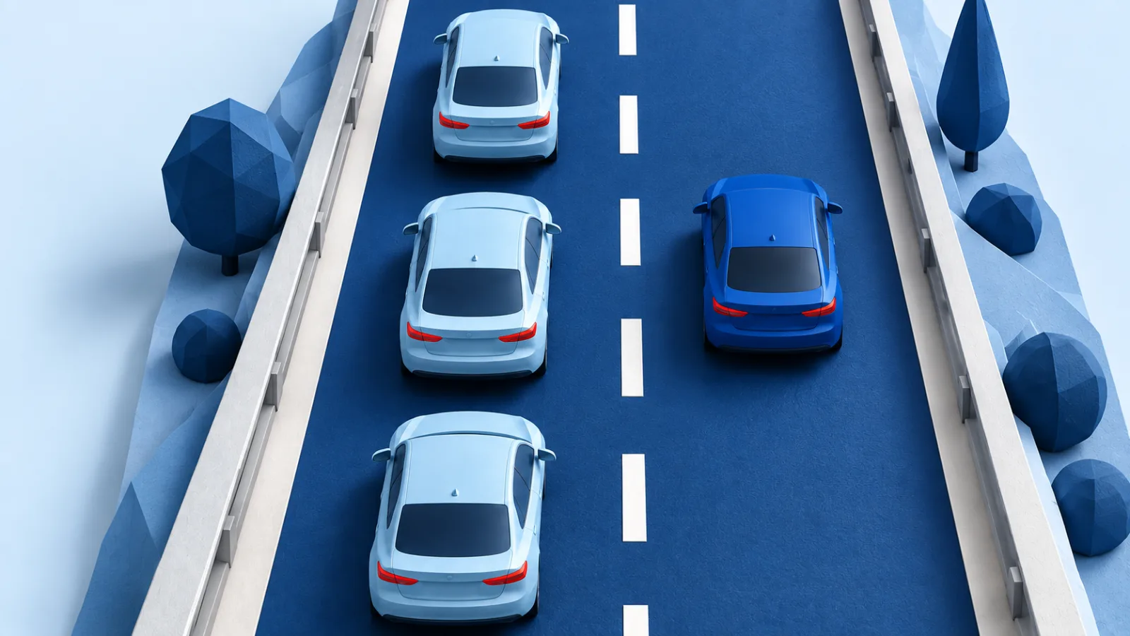 Illustration d’une chaussée à deux voies avec trois voitures bleu clair sur la voie de gauche et une voiture bleue à droite, toutes dans le même sens.