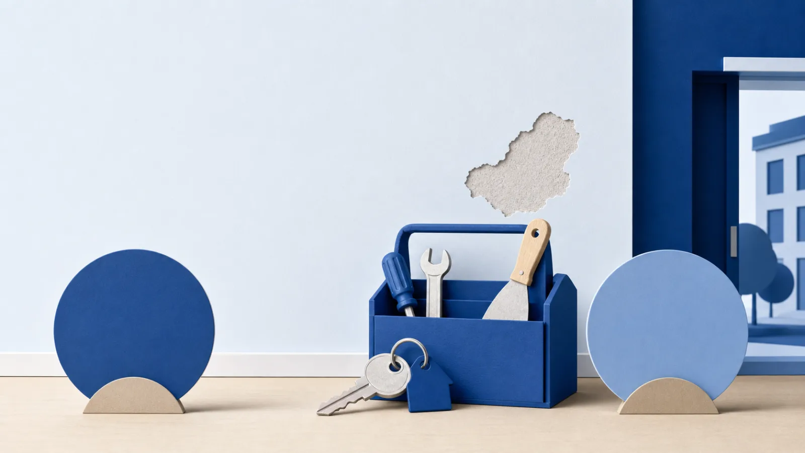 Boîte à outils et clé d’appartement devant un mur présentant une petite zone endommagée.
