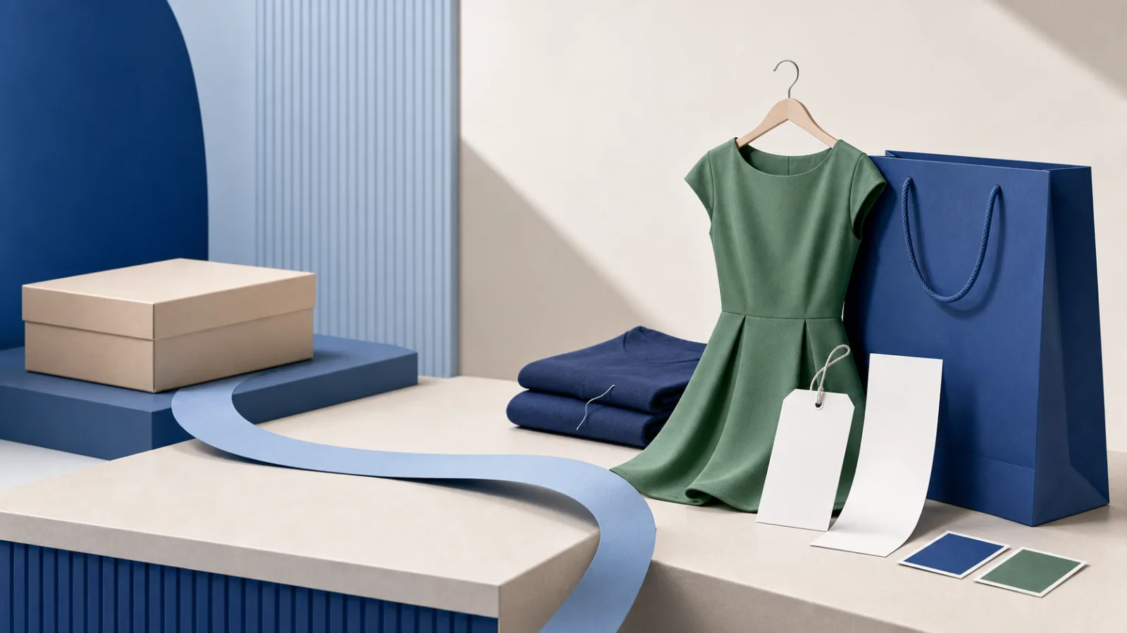 Grünes Kleid mit Einkaufstasche, Blankoetikett und Beleg neben gefaltetem Kleidungsstück und Rücksendepaket.