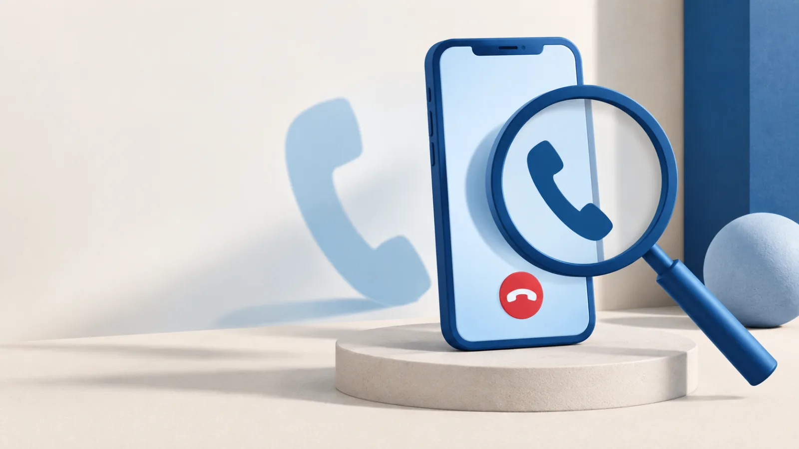 Illustration d’un smartphone bleu avec un symbole de combiné, une loupe et une ombre de combiné décalée évoquant une fausse identité d’appelant.