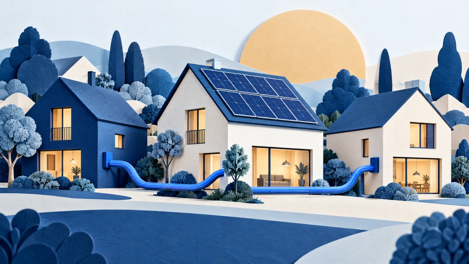 Drei benachbarte Häuser in Blau und Weiss, ein Dach mit Solarpanels und blaue Verbindungen zwischen den Häusern.