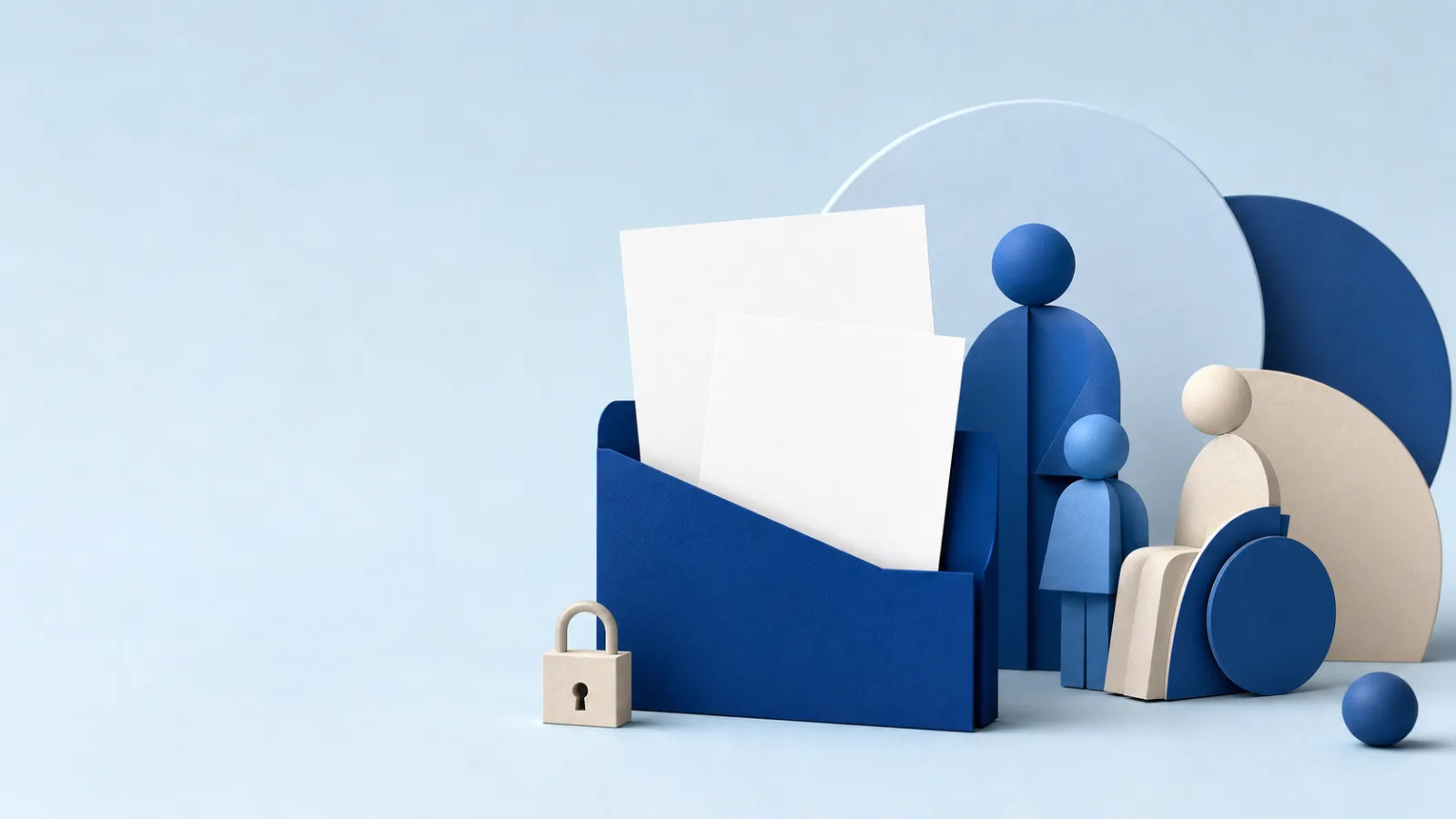 Deux extraits vierges du casier judiciaire dans une chemise bleue, avec un petit cadenas et des silhouettes abstraites évoquant le travail et l’encadrement.