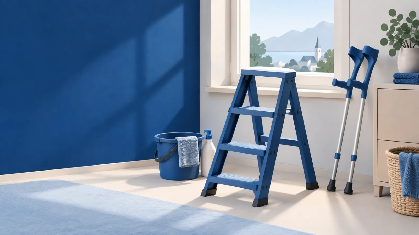 Illustration einer blauen Haushaltsleiter mit Putzeimer und Gehstützen neben einem Fenster.