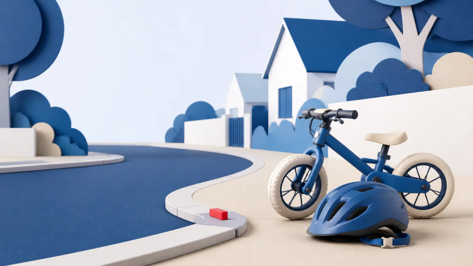 Kinderfahrrad und blauer Velohelm an einer ruhigen Wohnstrasse.