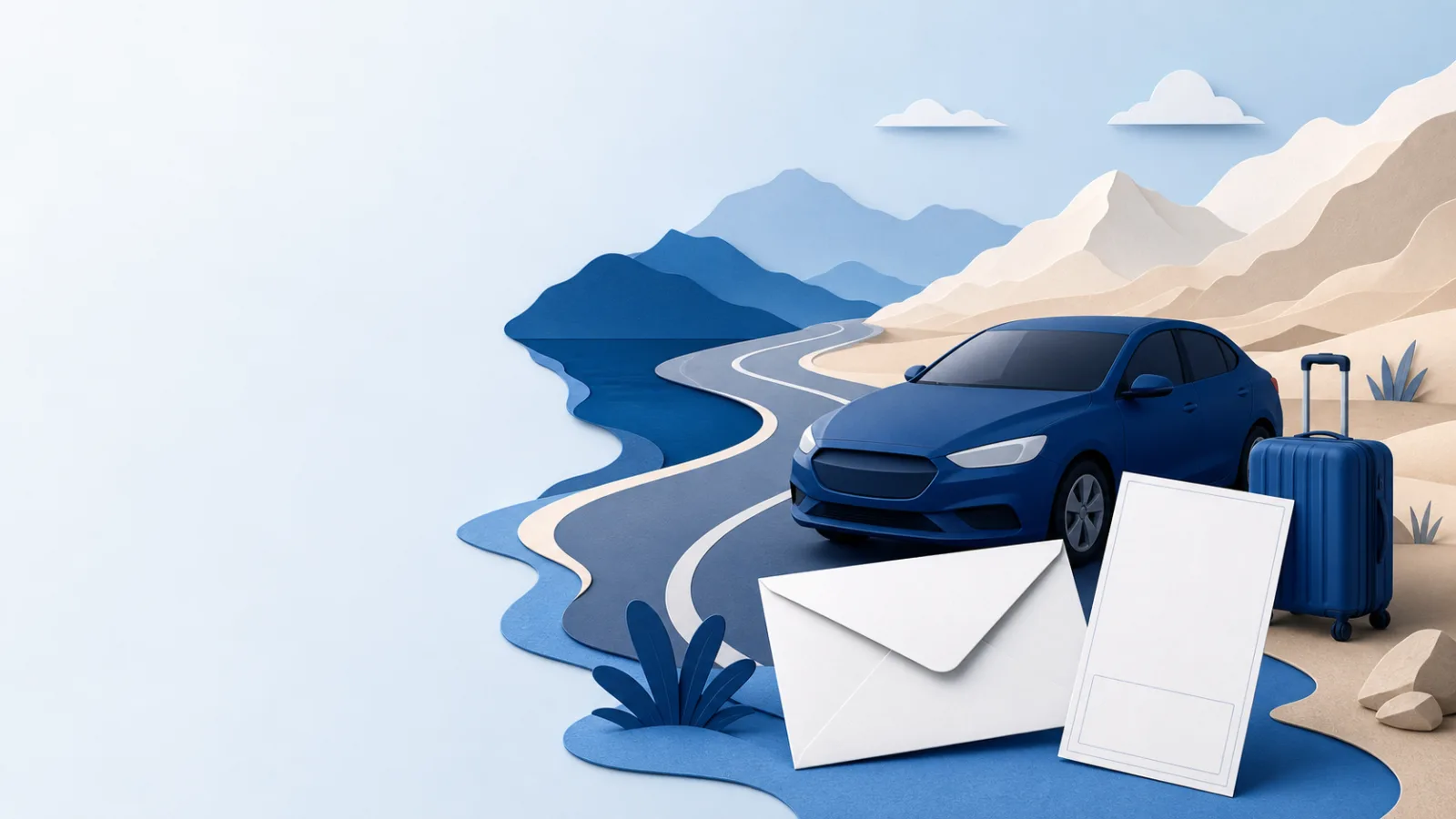 Voiture et valise sur une route de montagne près d’une enveloppe officielle vierge et d’une contravention non imprimée.