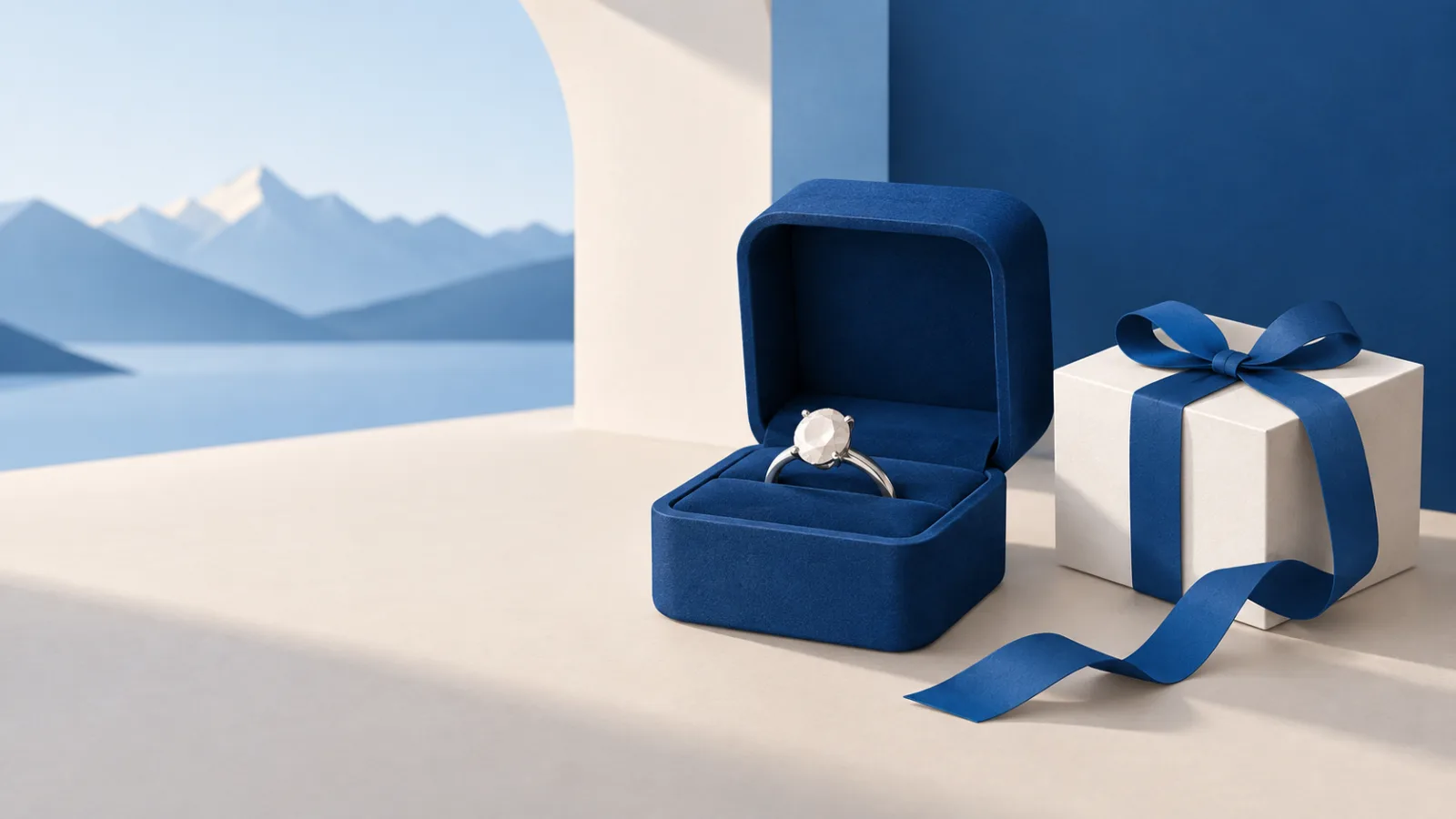 Illustration d’une bague de fiançailles dans un écrin bleu ouvert, à côté d’un cadeau avec un ruban bleu.